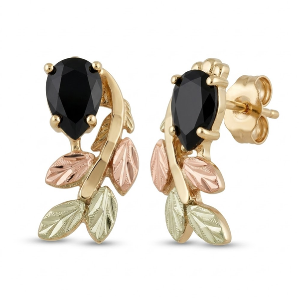 Onyx Pear Petite Leaf Cascade Earrings, 10k Yellow Gold, 12k Green and Rose Gold Black Hills Gold Motif