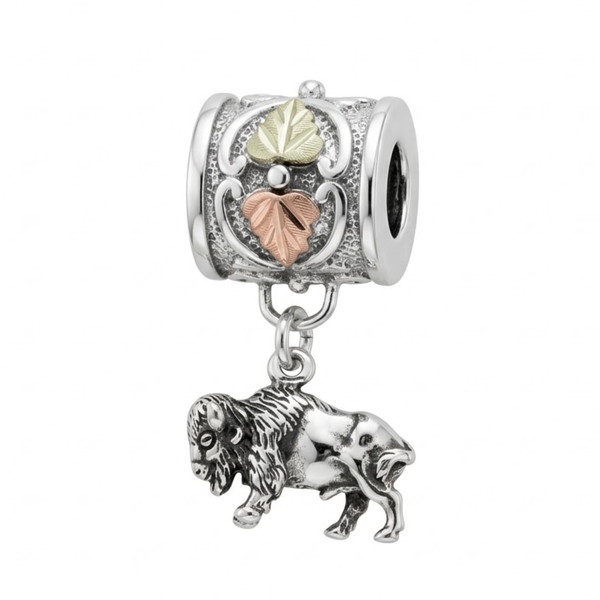Buffalo Charm Bead with Leaves, Sterling Silver, 12k Green and Rose Gold Black Hills Gold Motif