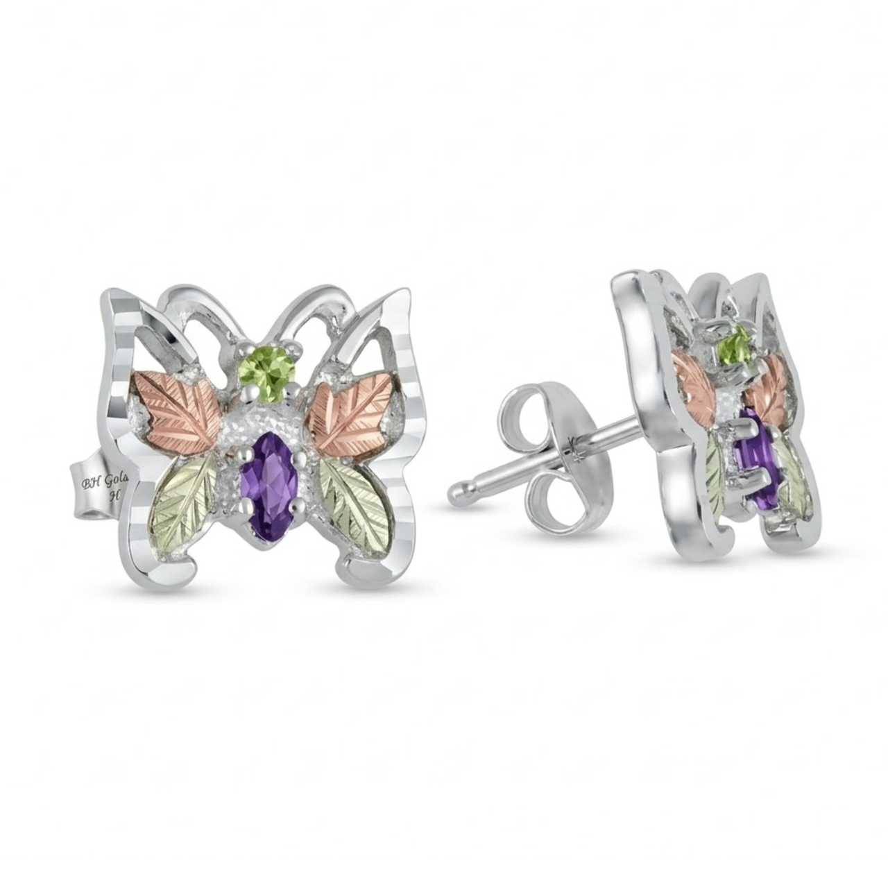 Peridot and Amethyst Butterfly Earrings, Sterling Silver, 12k Rose and Green Gold Black Hills Gold Motif