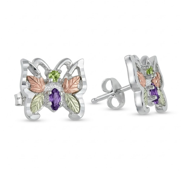 Peridot and Amethyst Butterfly Earrings, Sterling Silver, 12k Rose and Green Gold Black Hills Gold Motif