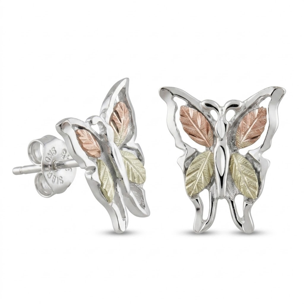 Tri-Tone Butterfly Earrings, Sterling Silver, 12k Green Gold, 12k Rose Gold Black Hills Gold