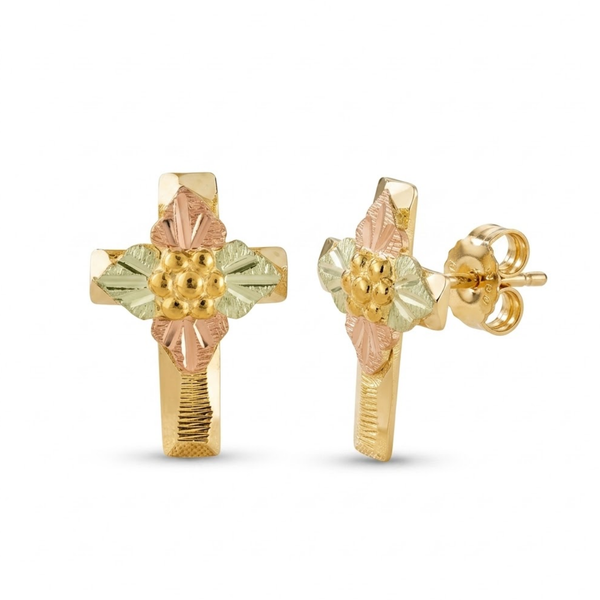 Beveled Edge Cross Earrings, 10k Yellow Gold, 12k Green and Rose Gold Black Hills Gold Motif