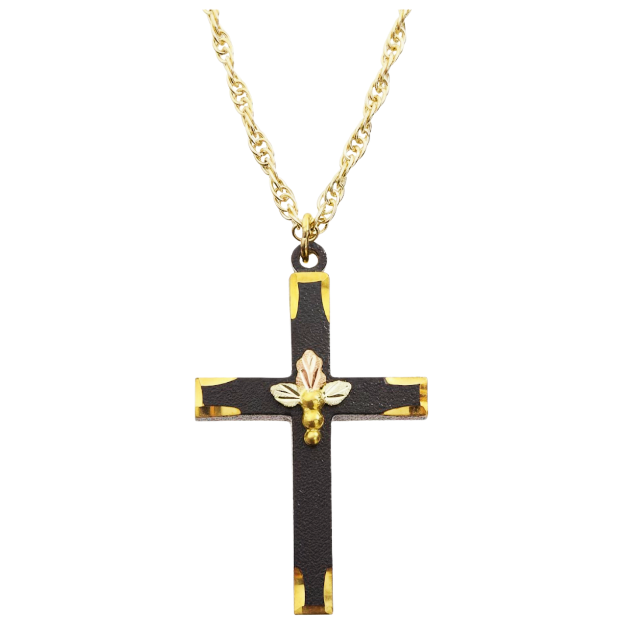 Ave 369 Black Powder Coated Cross Pendant Necklace, 10k Yellow Gold, 12k Green and Rose Gold Black Hills Gold Motif, 18"