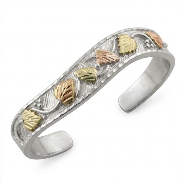 Bangle Cuff Bracelet, Sterling Silver, 12k Green and Rose Gold Black Hills Gold Motif