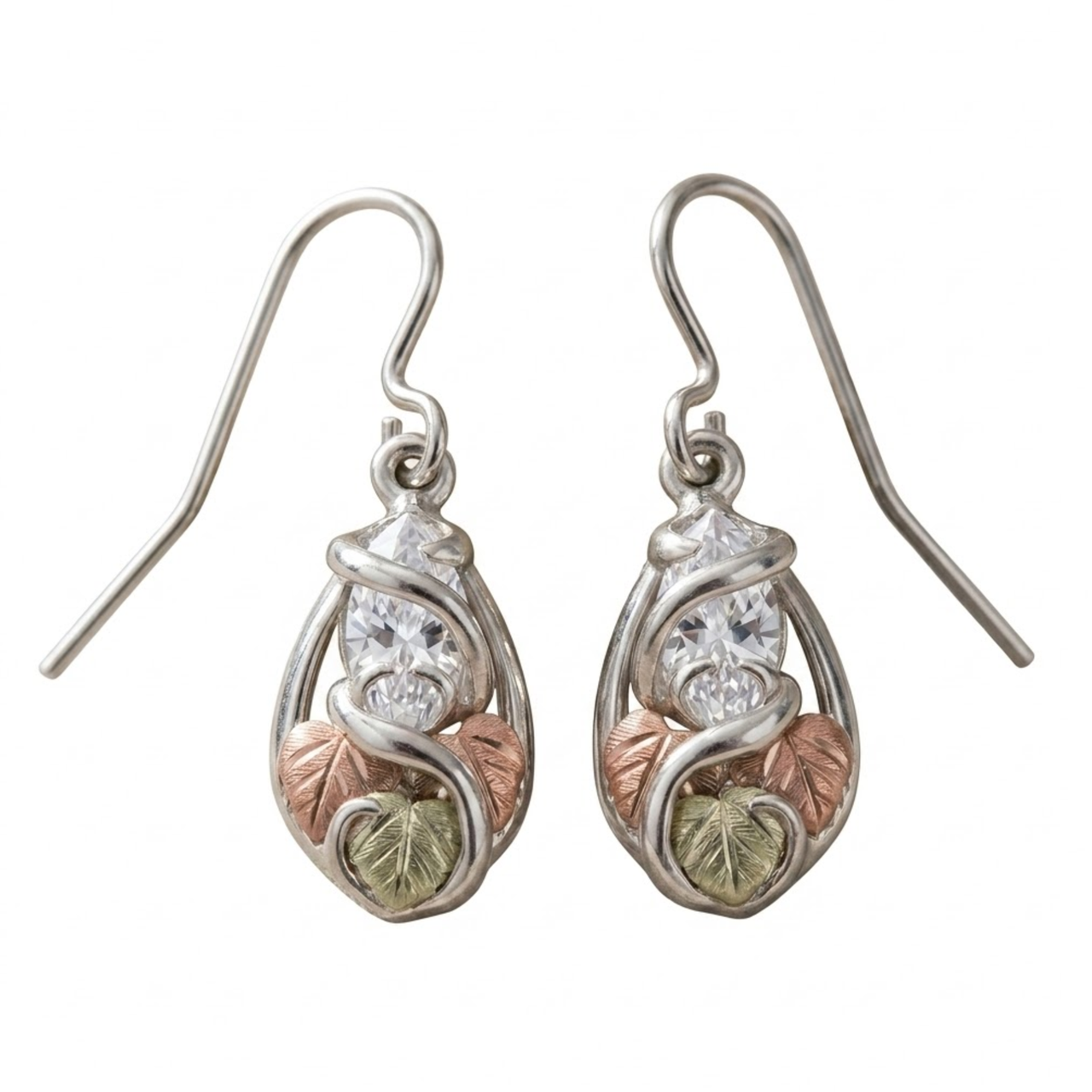 CZ Marquise Petite Leaf Earrings, Sterling Silver, 12k Green and Rose Gold Black Hills Gold Motif