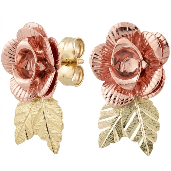 Black Hills Gold Dakota Rose Stud Earrings 10k Yellow Gold with 12k Green & Rose Gold Leaves, Handcrafted Rose Flower Earrings for Women