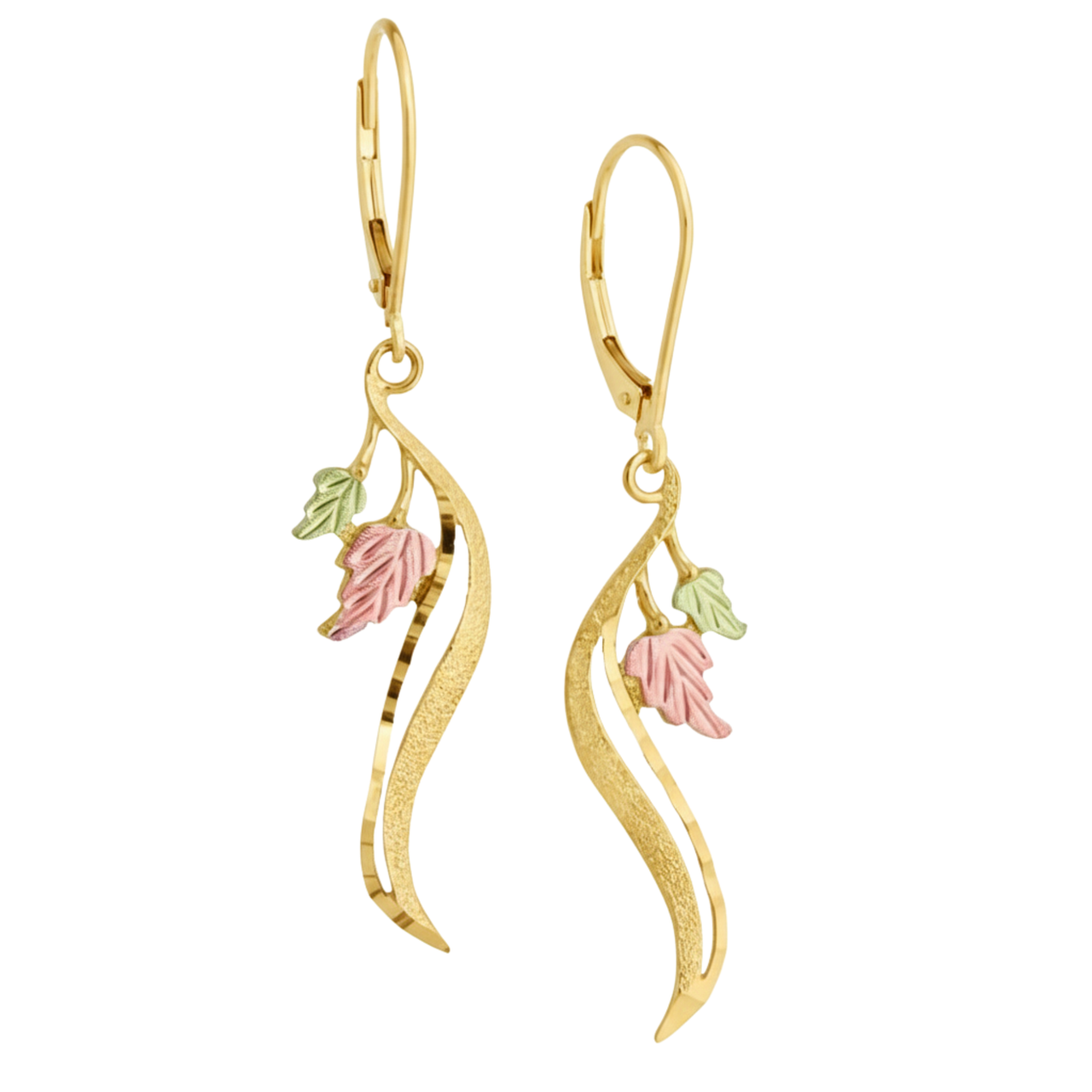 Freeform Dangle Earrings, 10k Yellow Gold, 12k Green and Rose Gold Black Hills Gold Motif