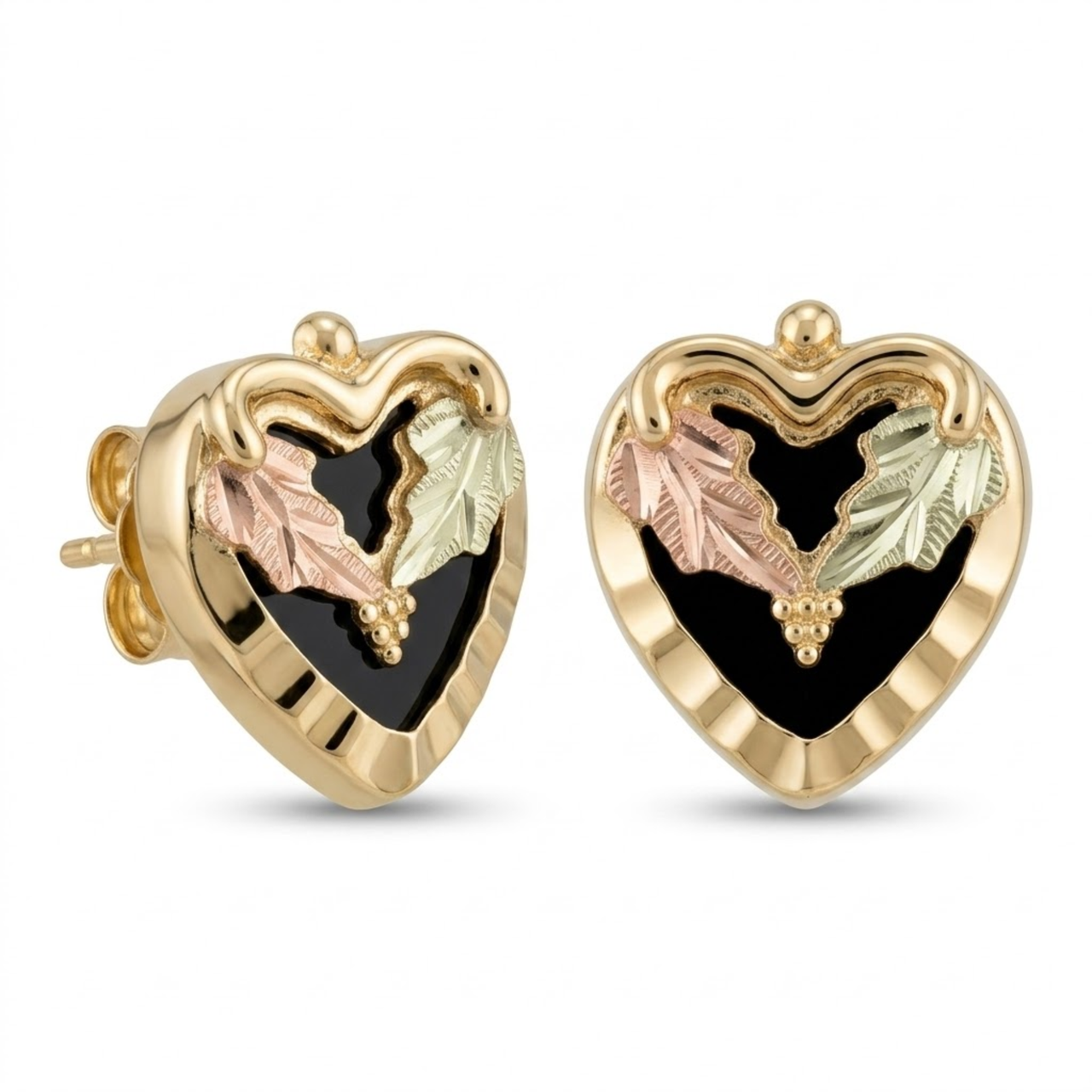 Inlaid Onyx Heart Earrings, 10k Yellow Gold, 12k Green and Rose Gold Black Hills Gold Motif