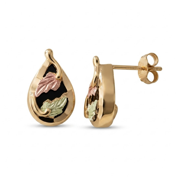 Teardrop Onyx Earrings, 10k Yellow Gold, 12k Green and Rose Gold Black Hills Gold Motif