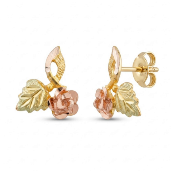 Rose with Leaf Earrings, 10k Yellow Gold, 12k Green and Rose Gold Black Hills Gold Motif