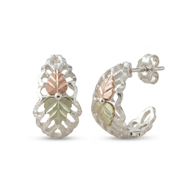 Black Hills Gold Semi Hoop Earrings Sterling Silver with 12k Green & Rose Gold Leaves, Diamond Cut Scalloped Demi Hoop Earrings for Women
