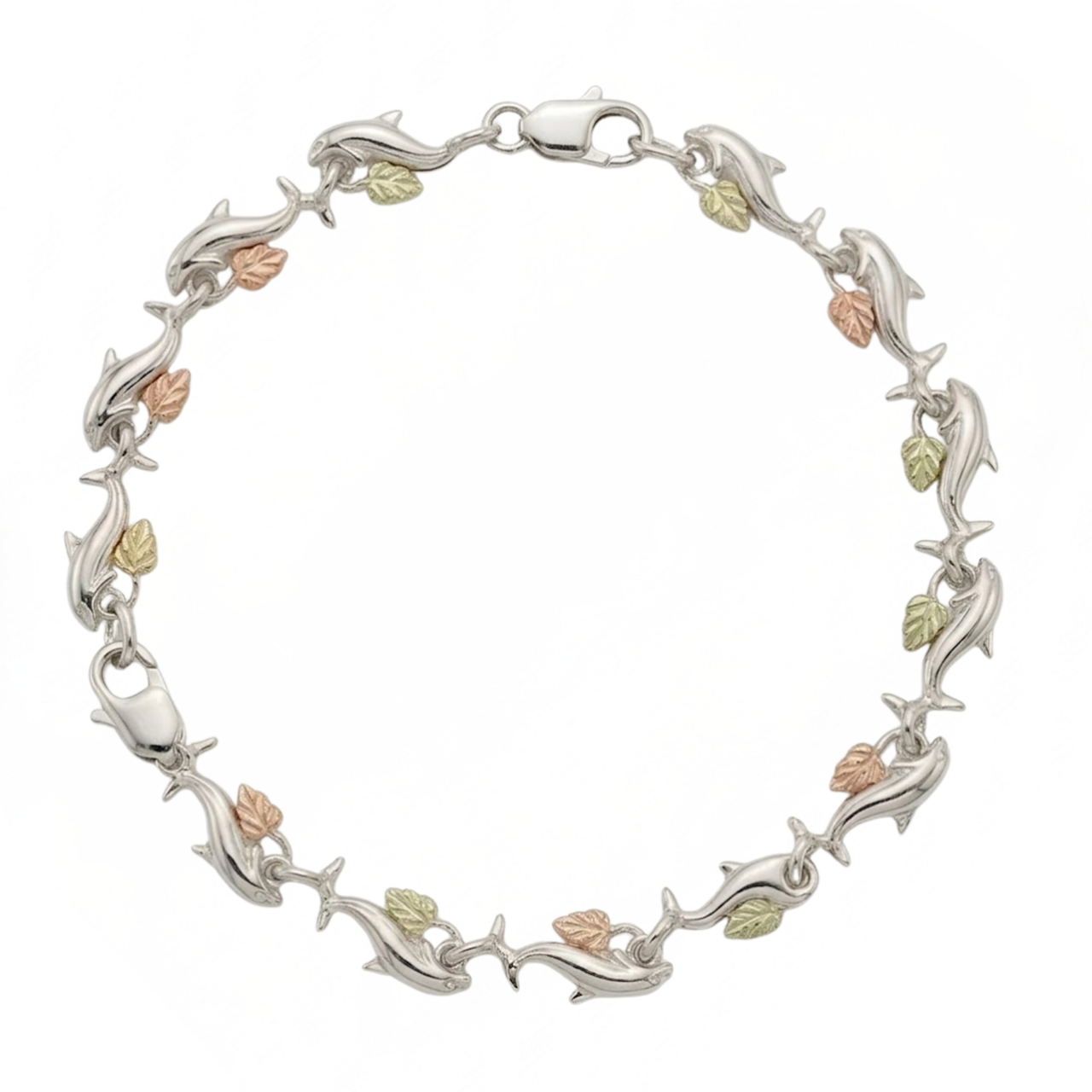 High Polish Dolphin Link Bracelet, Sterling Silver, 12k Green and Rose Gold Black Hills Gold Motif, 7.5"