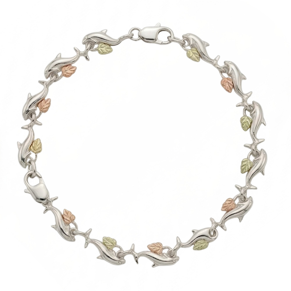 High Polish Dolphin Link Bracelet, Sterling Silver, 12k Green and Rose Gold Black Hills Gold Motif, 7.5"
