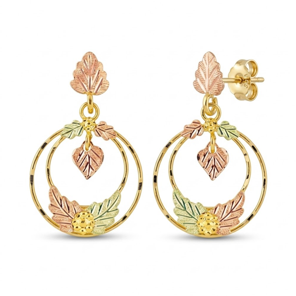 Leaf Dangle Hoop Earrings, 10k Yellow Gold, 12k Green and Rose Gold Black Hills Gold Motif