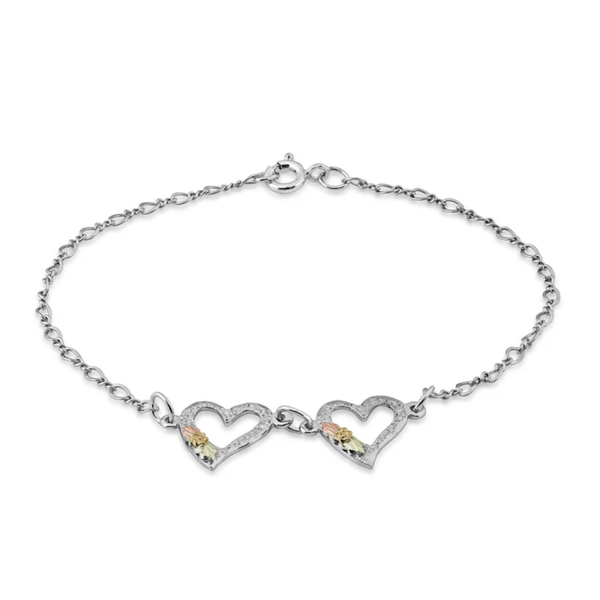 Edge Double Heart Bracelet, Sterling Silver, 12k Green and Rose Gold Black Hills Gold Motif, 7.5"