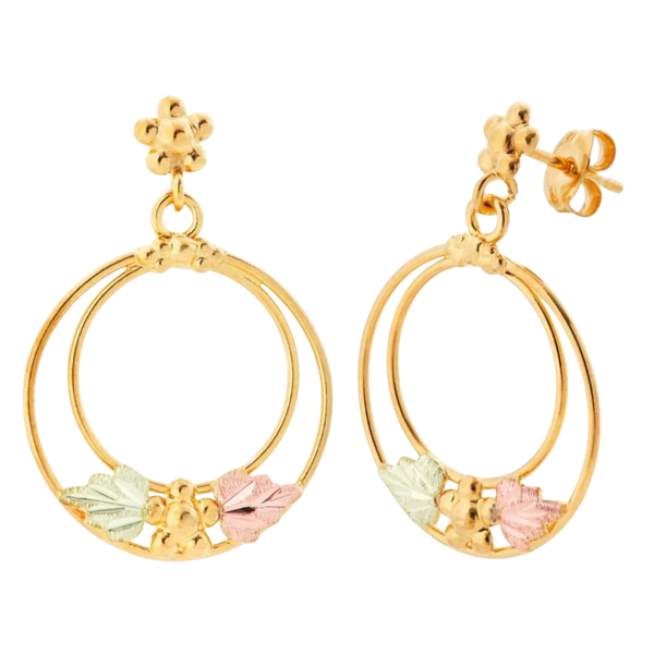 Double Circle Dangle Earrings, 10k Yellow Gold, 12k Green and Rose Gold Black Hills Gold Motif