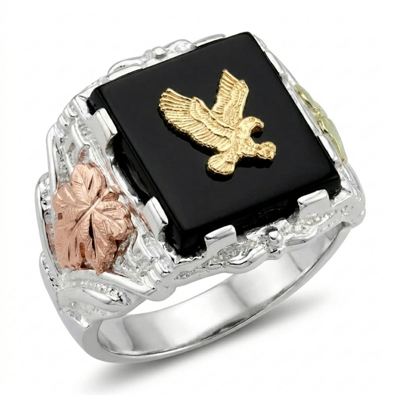 Black Hills Gold Eagle Onyx Ring Sterling Silver with 12k Green and Rose Gold Leaves, Rectangle Onyx Men's Statement Ring with Eagle Accent