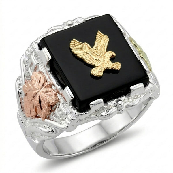 Black Hills Gold Eagle Onyx Ring Sterling Silver with 12k Green and Rose Gold Leaves, Rectangle Onyx Men's Statement Ring with Eagle Accent