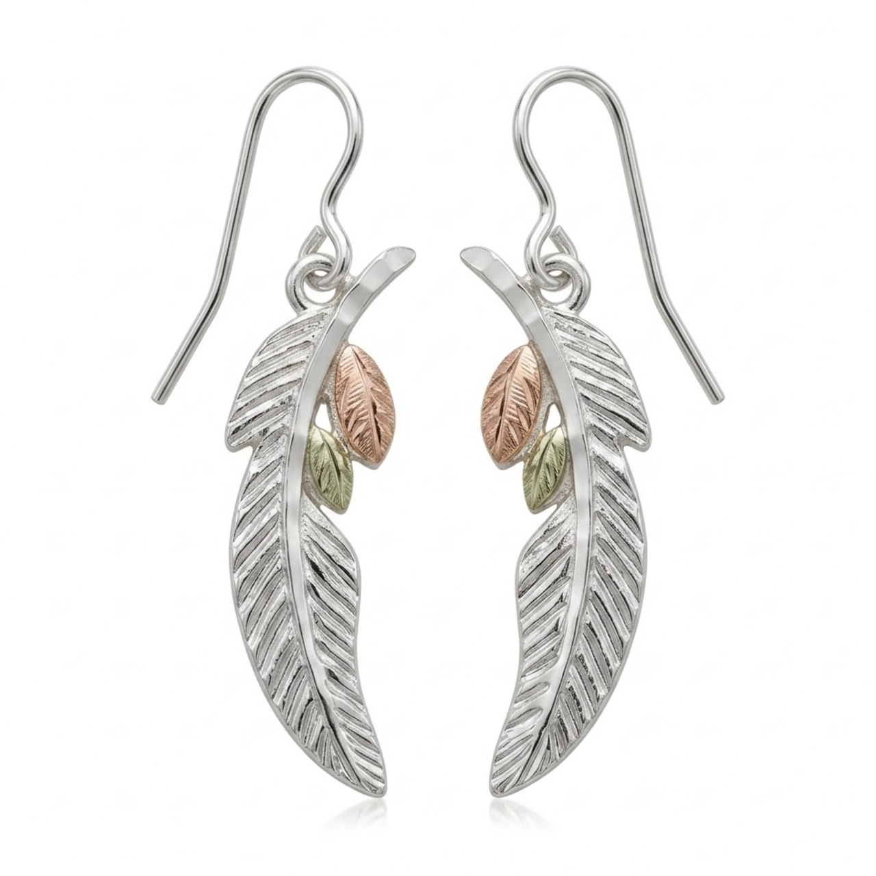Black Hills Gold Feather Earrings Sterling Silver with 12k Green & Rose Gold Grape Leaves Feather Dangle Earrings Nature Inspired Jewelry Gift for Women
