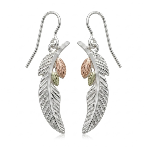 Black Hills Gold Feather Earrings Sterling Silver with 12k Green & Rose Gold Grape Leaves Feather Dangle Earrings Nature Inspired Jewelry Gift for Women