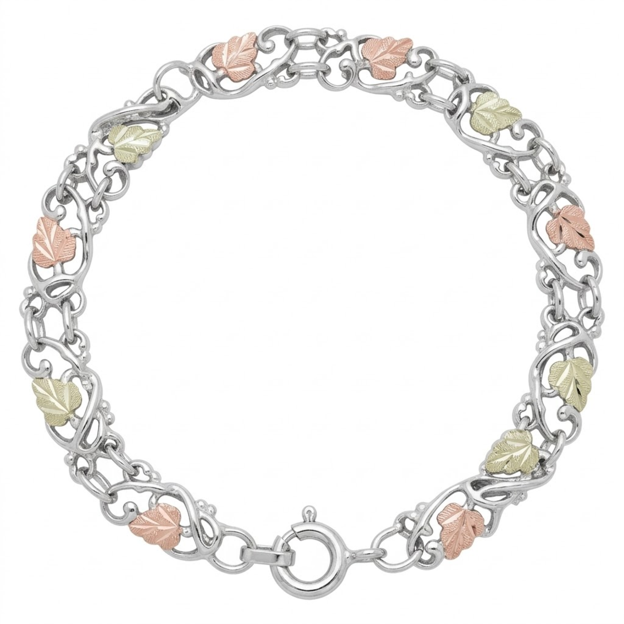 Filigree with Frosty Leaves Bracelet, Sterling Silver, 12k Green and Rose Gold Black Hills Gold Motif, 7.5"