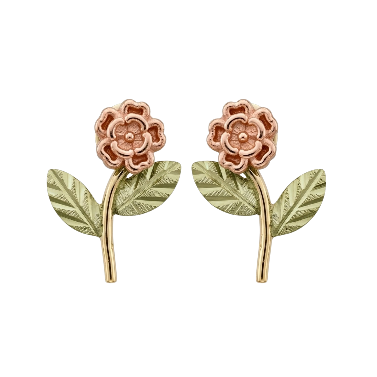 Rose Flower Earrings, 10k Yellow Gold, 12k Green and Rose Gold Black Hills Gold Motif