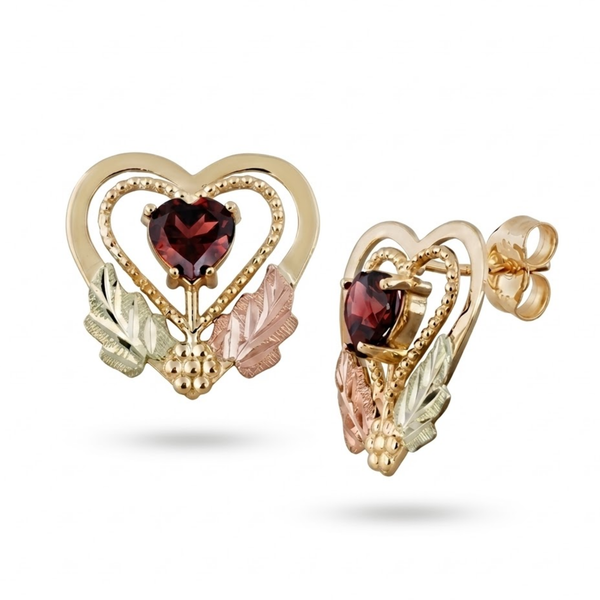 Black Hills Gold Garnet Heart Stud Earrings 10k Yellow Gold with 12k Green & Rose Gold Leaves, Genuine Heart Garnet Vine Jewelry for Women