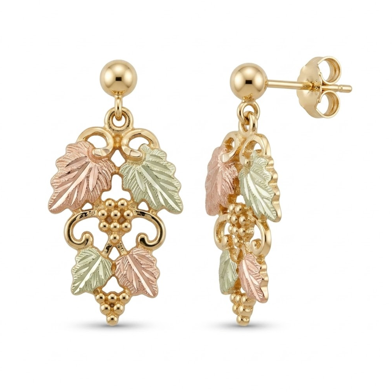 Diamond-Cut Grape Leaf Drop Earrings, 10k Yellow Gold, 12k Green and Rose Gold Black Hills Gold Motif