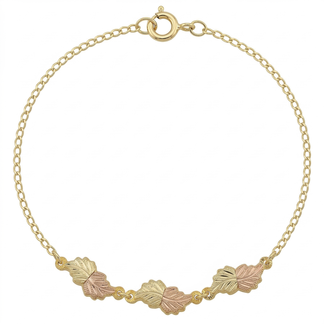 Engraved Grape Leaf Bracelet, 10k Yellow Gold, 12k Green and Rose Gold Black Hills Gold Motif, 7"