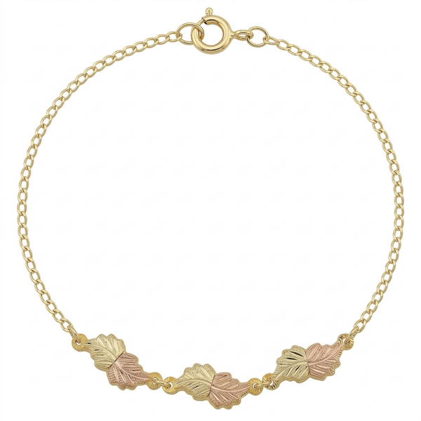 Engraved Grape Leaf Bracelet, 10k Yellow Gold, 12k Green and Rose Gold Black Hills Gold Motif, 7"