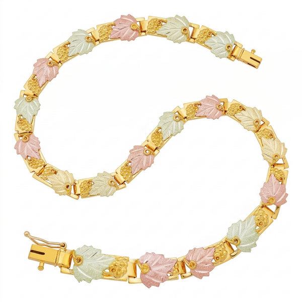 Frosty Grape Leaves and Grapes Bracelet, 10k Yellow Gold, 12k Green and Rose Gold Black Hills Gold Motif