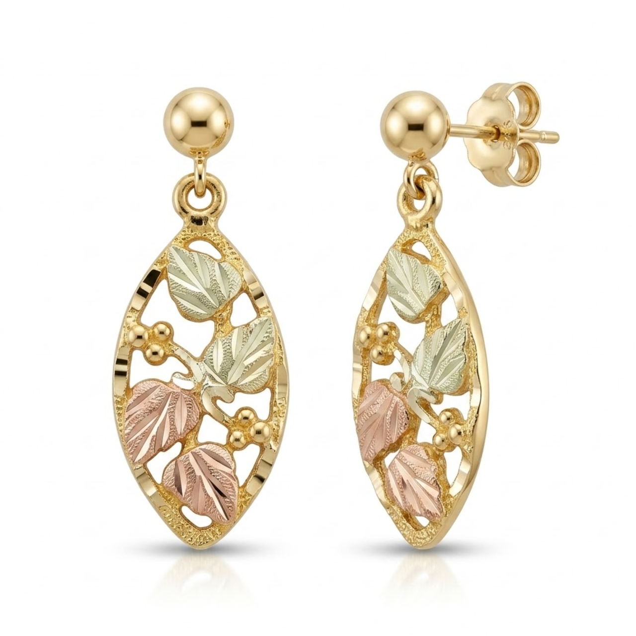 Diamond-Cut Grape Leaf Dangle Earrings, 10k Yellow Gold, 12k Green and Rose Gold Black Hills Gold Motif