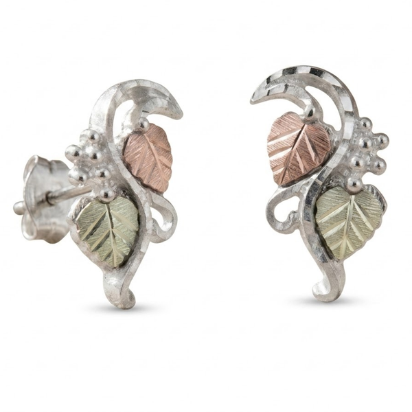 Black Hills Gold Curved Vine Leaf Stud Earrings Sterling Silver with 12k Green & Rose Gold Grape Leaves, Diamond Cut Nature Inspired Jewelry for Women