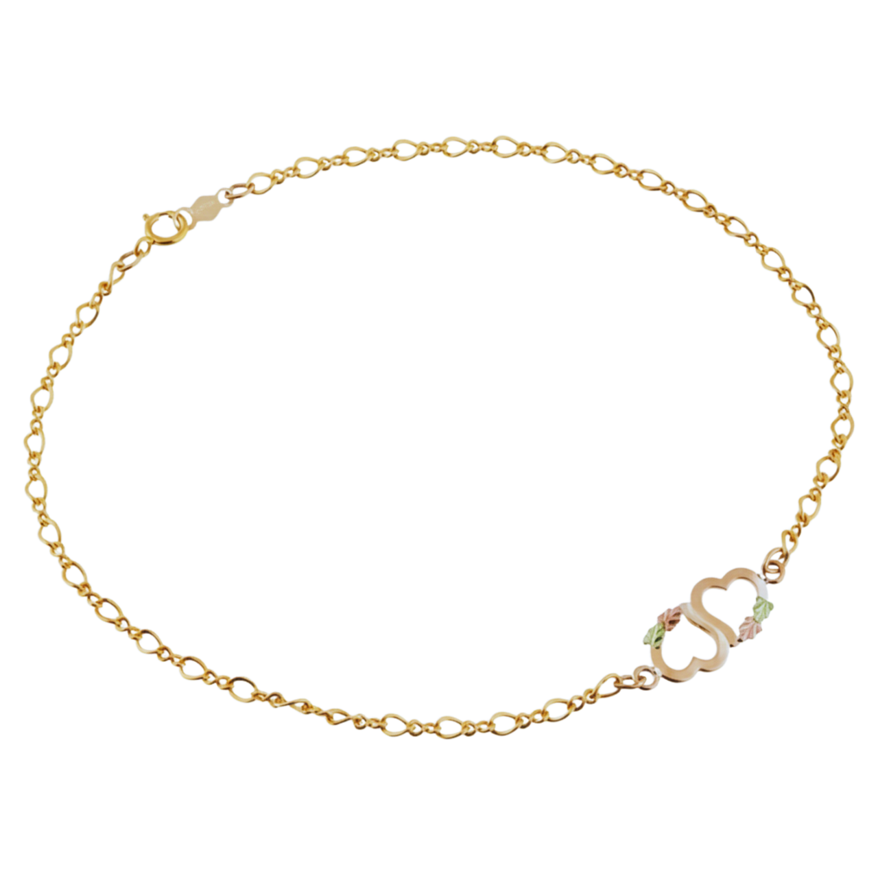 Two Hearts Ankle Bracelet 10k Yellow Gold, 12k Green and Rose Gold Black Hills Gold Motif, 10.25"