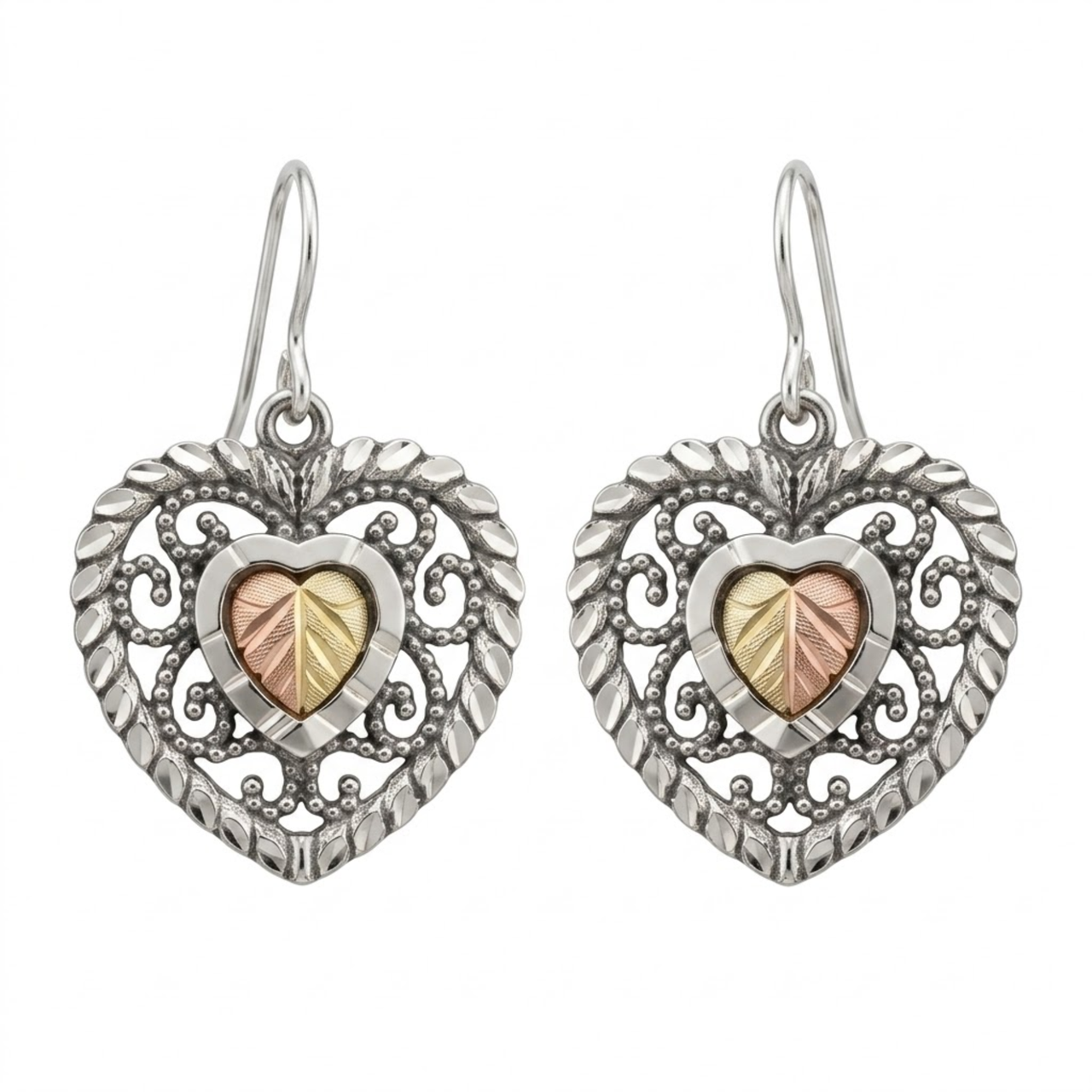 Oxidized Filigree Heart Earrings, Sterling Silver, 12k Green and Rose Gold Black Hills Gold Motif