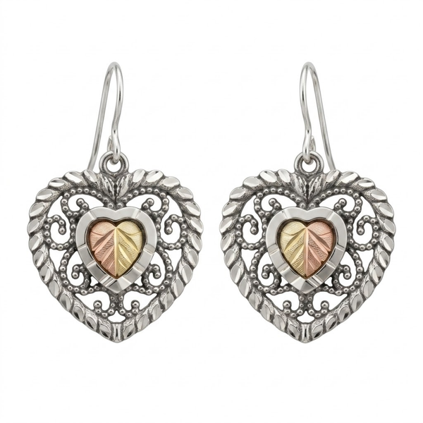 Oxidized Filigree Heart Earrings, Sterling Silver, 12k Green and Rose Gold Black Hills Gold Motif