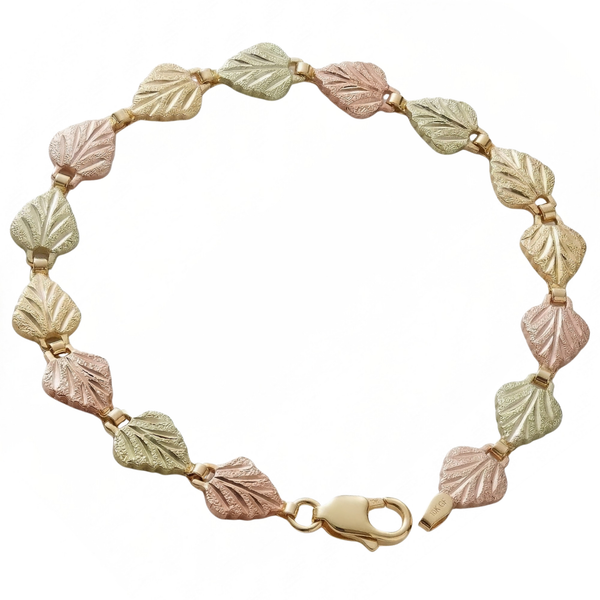 Heart Shape Grape Leaves Bracelet, 10k Yellow Gold, 12k Green and Rose Gold Black Hills Gold Motif, 7.5"