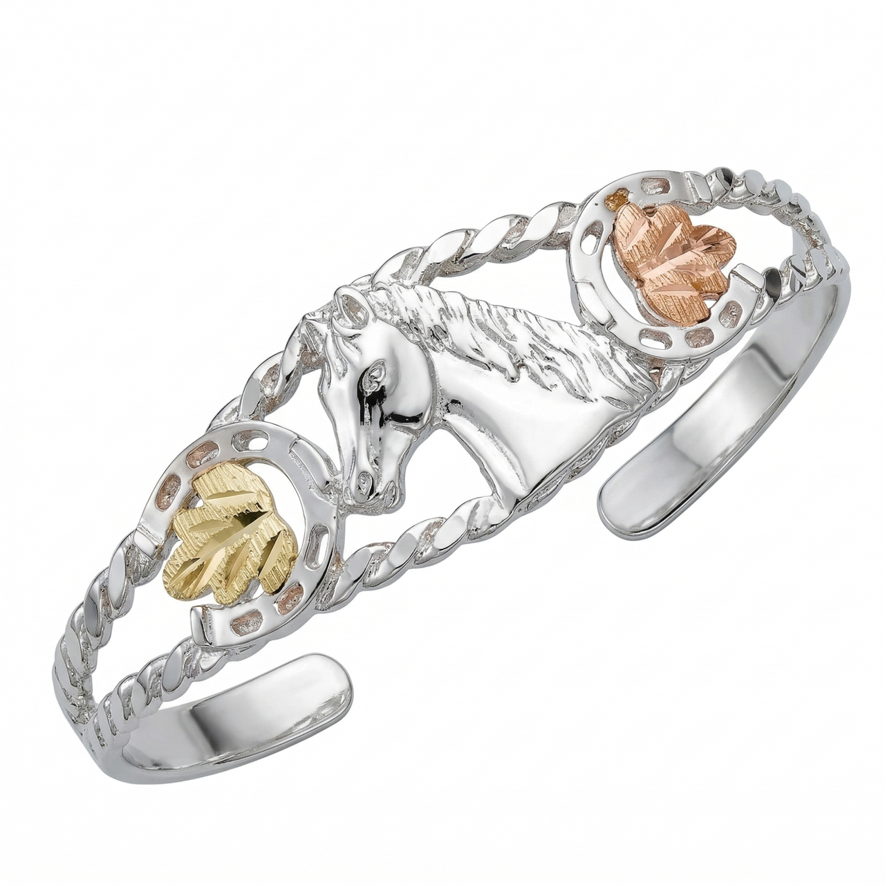 Horse Cuff Bracelet, Sterling Silver, 12k Green and Rose Gold Black Hills Gold Motif