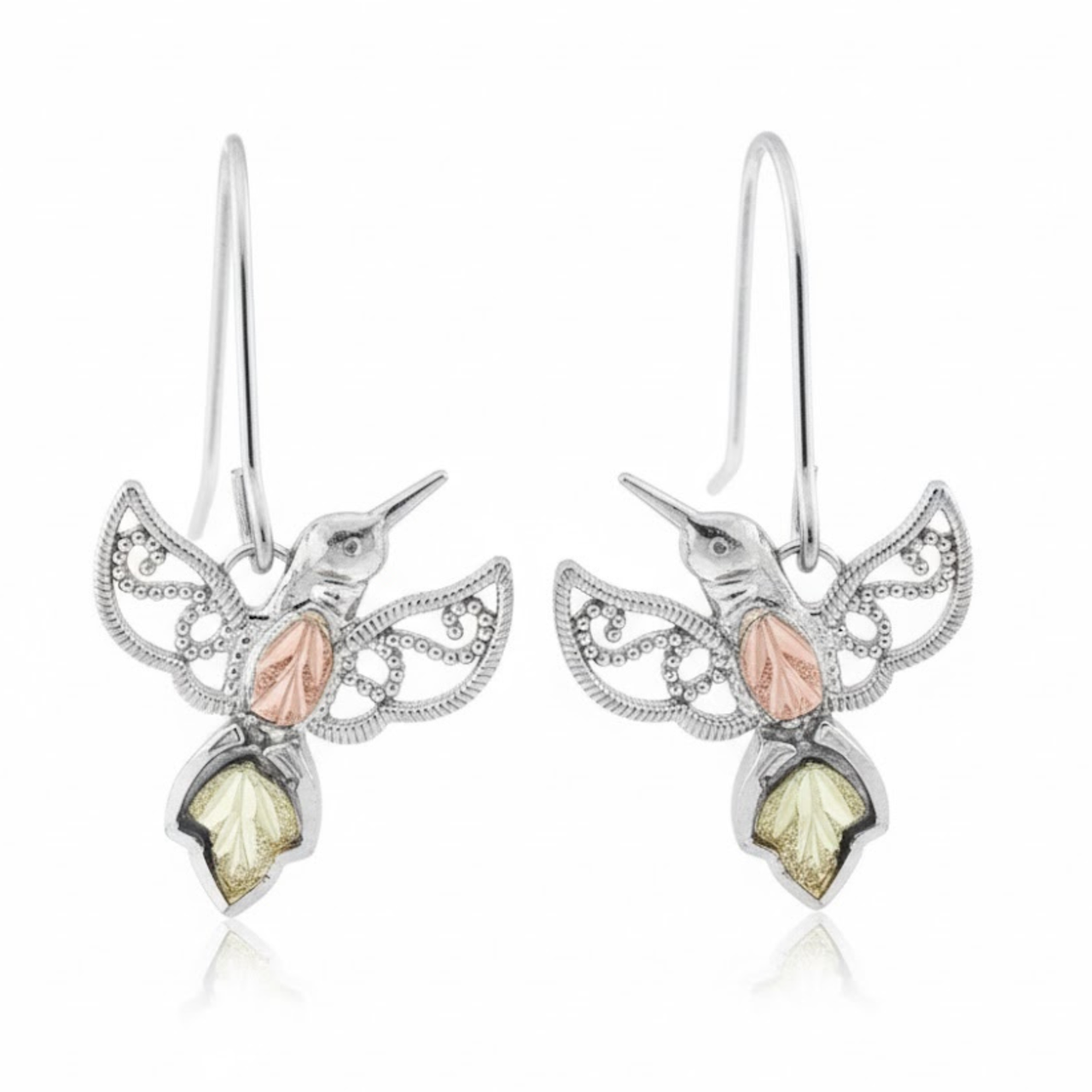 Granulated Bead Hummingbird Earrings, Sterling Silver, 12k Green Gold, 12k Rose Gold Black Hills Gold
