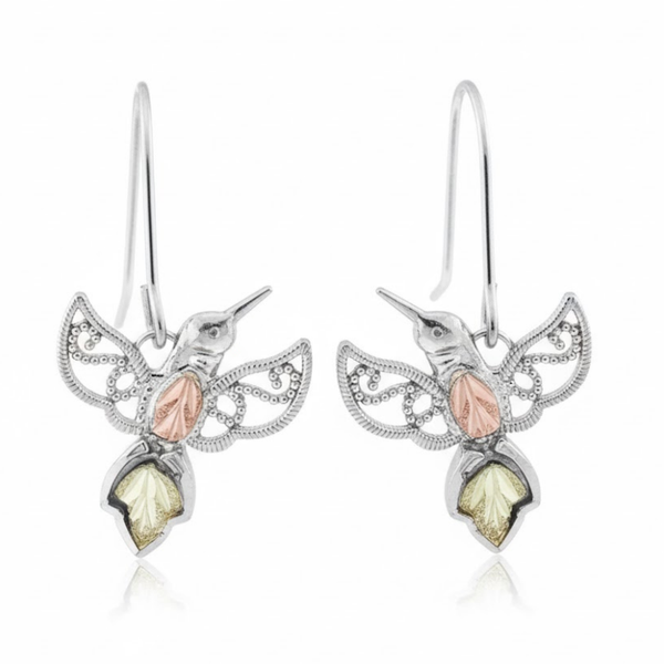 Granulated Bead Hummingbird Earrings, Sterling Silver, 12k Green Gold, 12k Rose Gold Black Hills Gold