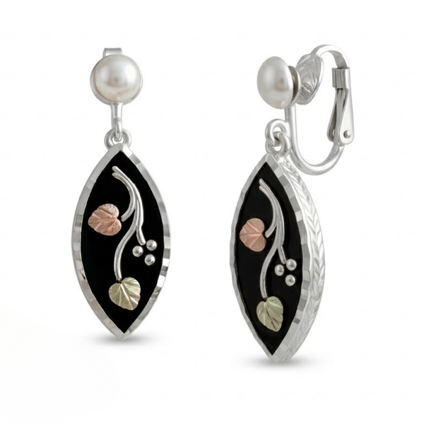 Antiqued Diamond-Cut Clip-On Earrings, Sterling Silver, 12k Green and Rose Gold Black Hills Gold Motif