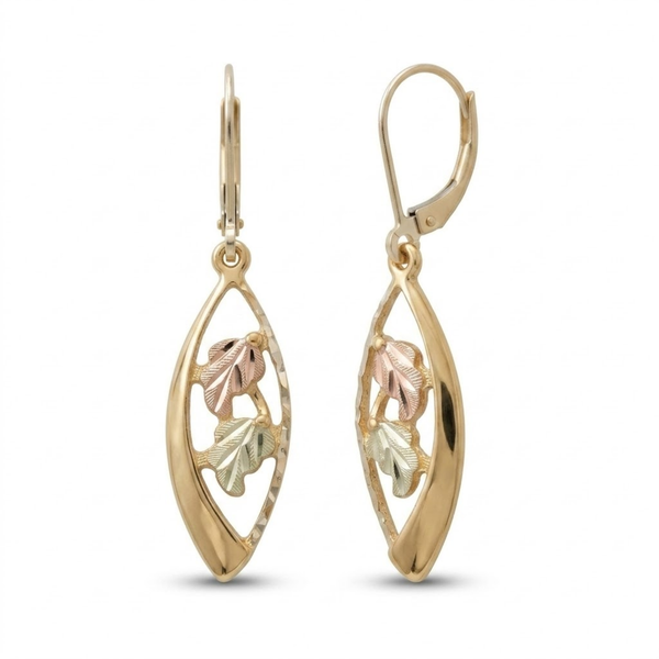 Marquise Shape Earrings, 10k Yellow Gold, 12k Green and Rose Gold Black Hills Gold Motif