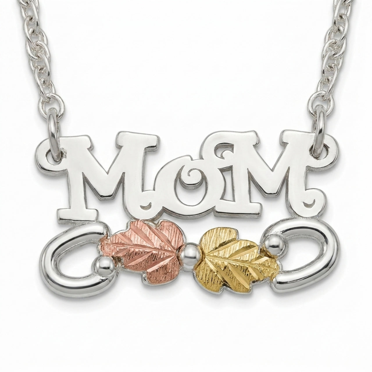 Mom Pendant Necklace, Sterling Silver, 12k Green and Rose Gold Black Hills Gold Motif, 18"