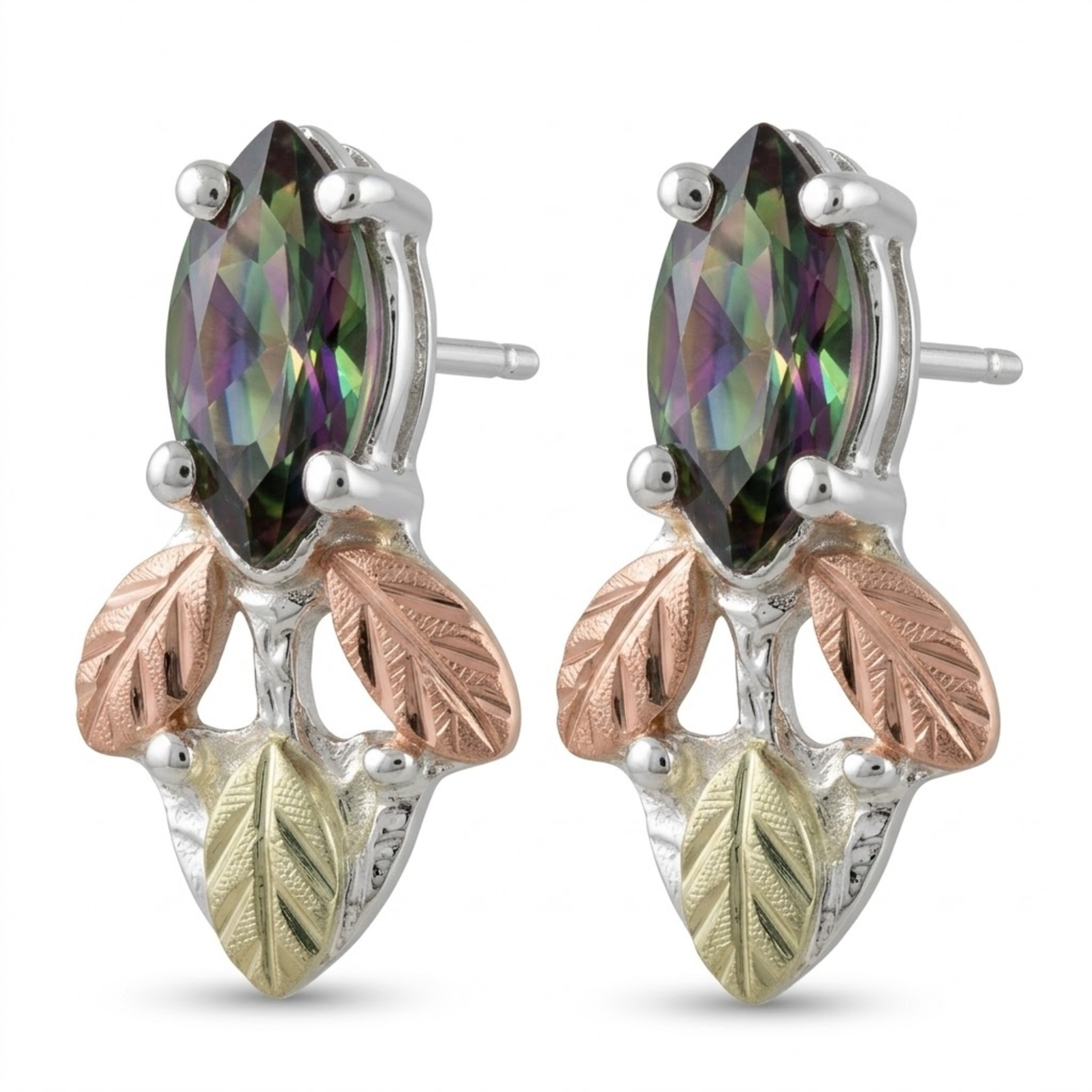 Mystic Fire Marquise Earrings, Sterling Silver, 12k Green and Rose Gold Black Hills Gold Motif