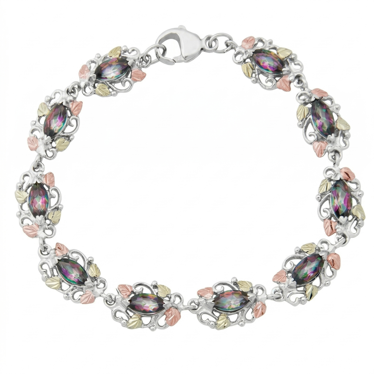 Mystic Fire Topaz with Scrollwork Bracelet, Sterling Silver with 12K Green and Rose Gold Black Hills Gold Motif, Vintage Grapevine Leaf Link Bracelet for Women