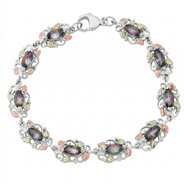 Mystic Fire Topaz with Scrollwork Bracelet, Sterling Silver with 12K Green and Rose Gold Black Hills Gold Motif, Vintage Grapevine Leaf Link Bracelet for Women