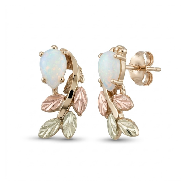 Pear Opal Cabochon Inlaid Leaf Earrings, 10k Yellow Gold, 12k Rose and Green Gold Black Hills Gold Motif