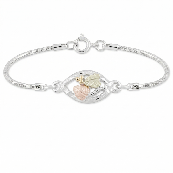 Black Hills Gold Sterling Silver Oval Leaf Bracelet with 12k Rose & Green Gold – Nature-Inspired Filigree Link Bracelet, Vintage Botanical Jewelry for Women