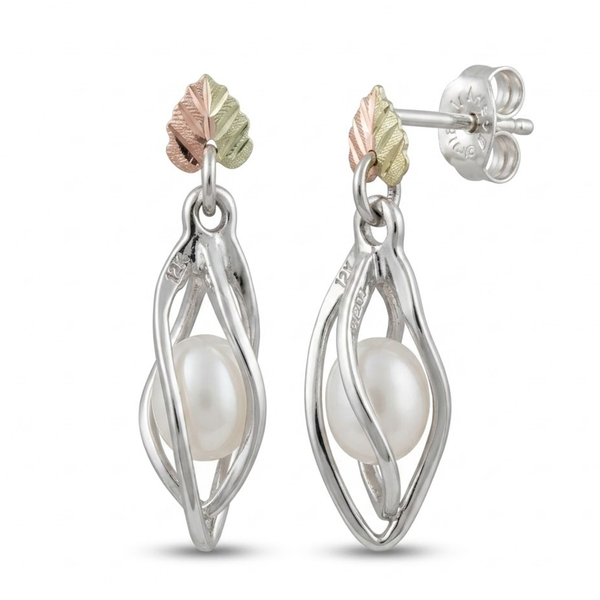 Diamond-Cut Caged Pearl Earrings, Sterling Silver, 12k Green and Rose Gold Black Hills Gold Motif