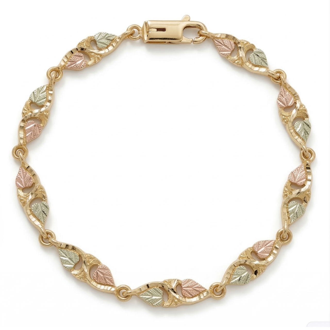 Petite Heart Leaf Bracelet for Women, 10K Yellow Gold Black Hills Gold with 12K Green & Rose Gold Leaves, Tri-Tone Heart Link Bracelet, 7 Inch